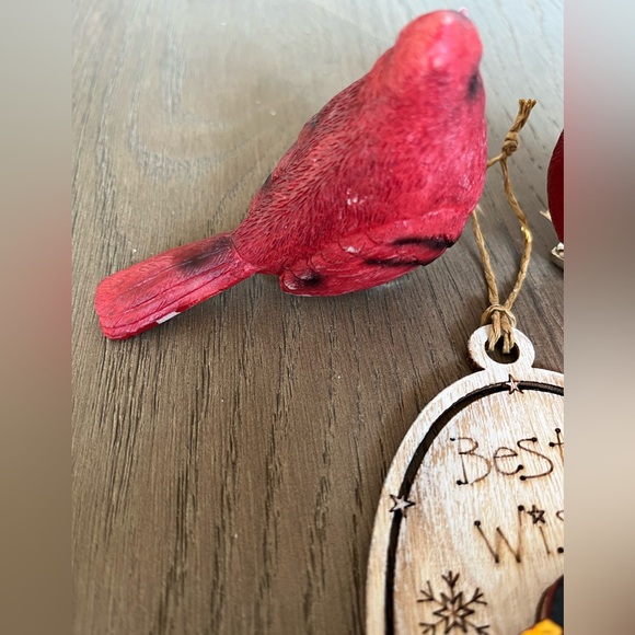 Two Resin Cardinals with Metal Clip and a Wood Holiday Cardinal Ornament - Picture 8 of 14